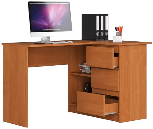 Eckschreibtisch Erle rechts, 3 Schubladen rechts und 2 Regale, viel Platz zum Entfalten. Perfekt für Jugendzimmer, Büros und Ateliers.