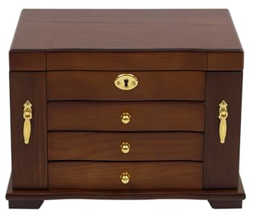 Biknltio Boîte à bijoux en bois massif avec serrure, 4 niveaux, 29 x 19 x 20 cm