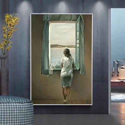 LMYCHENG Frau am Fenster, Kunstdruck auf Leinwand, Poster, Bilder, Salvador Dali, klassische Gemälde für die Wanddekoration im Wohnzimmer, Kunstwerk, 70 x 100 cm, Rahmen