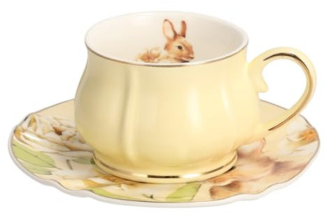 home&you - Tasse mit Unterteller Fenillabunny, 200 ml, feines Knochenporzellan, Osterdeko, Osterhase, Tasse, Deko, Kaffeetassen, Wassertasse, Coffee Cup für Kaffee Milch Latte Tee - Gelb