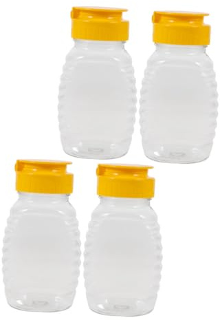 POPETPOP 4 Stück Transparenter Kunststoff Honigspender Tropffrei | PP Material, Flip Top Deckel, für Sirup und Ahornsirup, Sauber Dosieren, Nachfüllflaschen für Teesüßen