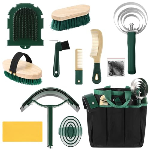 Abbylike Pferdepflegeset mit Organizer, Tragetasche, Putzzubehör, Pferdebürsten-Set, Pferdepflege, Reinigungsset, Fellpflege, Massagewerkzeuge (Khaki und Grün)