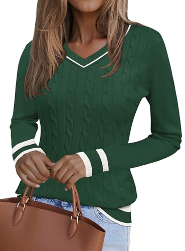 Kistore Jersey de manga larga para mujer, cuello en V, suéter de punto trenzado, ligero, tipo túnica, para mujer