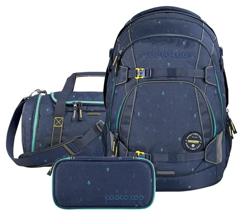 Coocazoo Schulrucksack-Set MATE „Happy Raindrops“ 3-teilig, blau, ergonomischer 30L Tornister, höhenverstellbar mit Hüftgurt für Kinder ab der 5. Klasse, inkl. Federmäppchen und Sporttasche