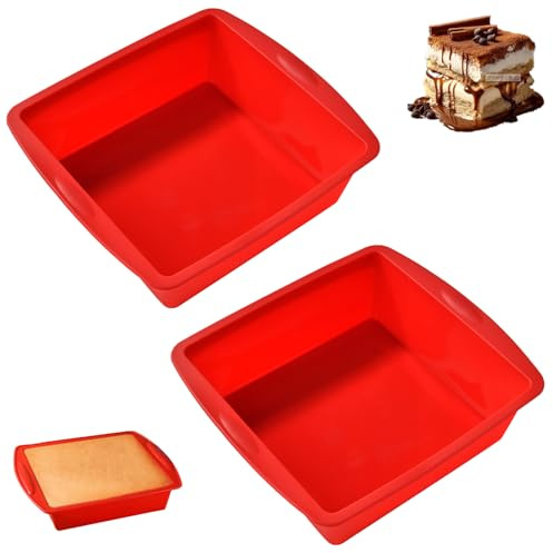 RPHONGHONG 2 Stück Silikon Backform Eckig, 8 Zoll Kuchenform Silikon Antihaft 20 cm Kuchen Kastenform Brotbackform Silikonbackform Kastenform für Brownies Käsekuchen Brote (Rot)