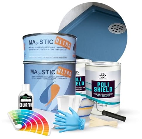 Resin Pro ® ShowerFix Kit - Reparaturset für Duschwanne/Badewanne, mit Epoxyd-Kitt in Sekundenschnell, Schutzlack, hergestellt in Italien, Matt Blau