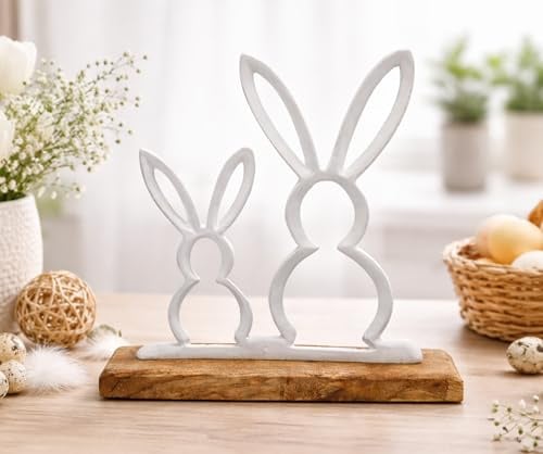 KAMACA Dekohasen Hasensilhouette aus Eisen Weiß auf Mangoholz-Sockel – 22 cm – Moderne Oster- & Frühlingsdeko im natürlichen Landhausstil