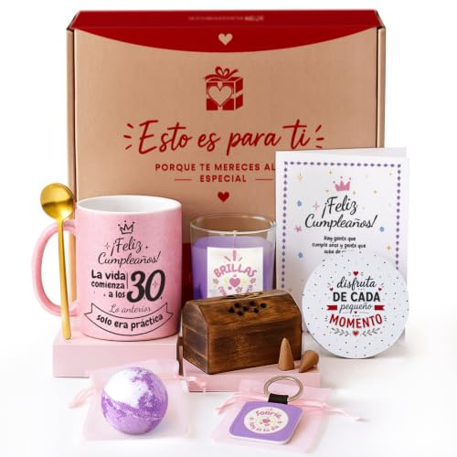 Kembilove® Pack Regalo Mujer 30 Años con Taza Personalizada – Caja Sorpresa Cumpleaños con Vela, Sales de Baño e Inciensos – Regalo Original 30 Cumpleaños Mujer