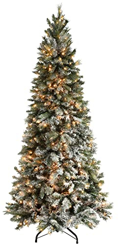 WeRChristmas Pre-Lit Slim Snow Flocked Spruce Christmas Tree with 400 Chasing Warm LED Lights, 7 feet/2.1m