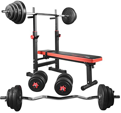 Train Hard® Multi Hantelbank Blackcombo klappbar mit Lang-, Curl- und Kurzhantelstange und 90kg Hantelscheiben