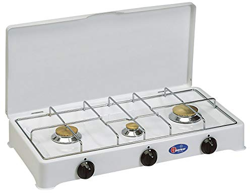 Réchaud de table Parker blanc à 3 feux alimentation GPL (GAS dans les bols) avec valve de sécurité pour usage intérieur