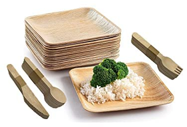 Streetfood Packaging: 100-Pc Eco Friendly Palm Leaf Plates and Wooden Cutlery Set | 25 x 10 Bamboo Plates, 25 Forks, 25 Spoons, 25 Knives | 100% Compostable, Biodegradable, Disposable Party Plate