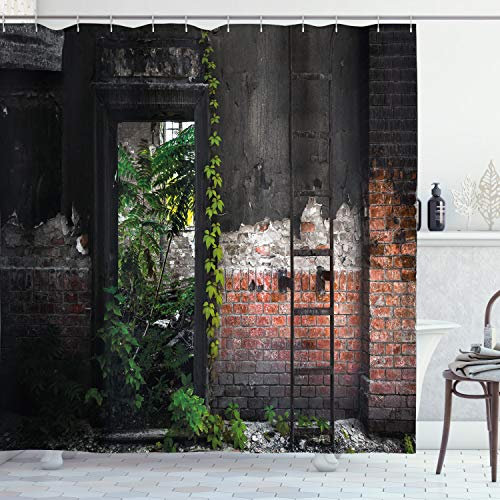 ABAKUHAUS industriell Duschvorhang, Bricks Pflanzen, Stoffliches Gewebe Badezimmerdekorationsset mit Haken, 175 x 240 cm, Lachs Grau Grün