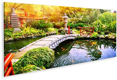 islandburner, Bild auf Leinwand Japanischer Garten mit schwimmenden Koi-Fischen im Teich. Naturhintergrund Wandbild Leinwandbild Kunstdruck Poster 120x40cm - Panorama