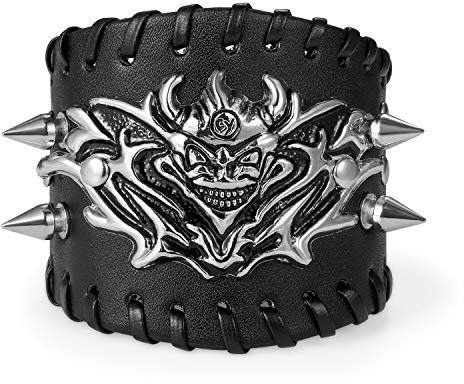 Flongo Herrenarmband Männer Armband Lederarmband, groß breit Leder Armband Armreif Geflochten mit Teufel Schädel Nieten Silber Schwarz für Männer Herren-Accessoires Rock n Roll