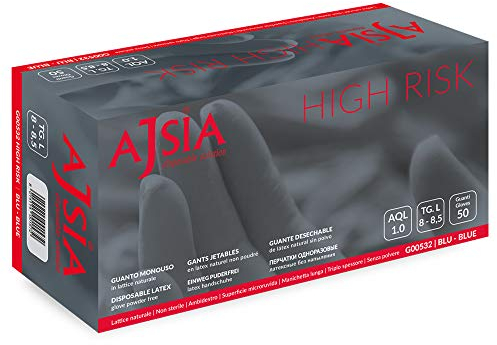 AJSIA - Guanti in Lattice MONOUSO High Risk Colore Blu 50PEZZI Super Resistenti (Tg:S,M,L,XL,XXL) (TG.M)
