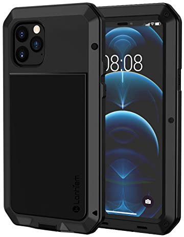 Lanhiem Heavy Duty Case Design for iPhone 12 / iPhone 12 Pro Shockproof Tough Armour Metal Case with [Tempered Glass Screen Film], 360 Full Body Protective Case Cover for iPhone 12/12 Pro -Black