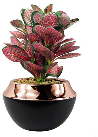 Leaf Pot de Fleurs en céramique avec Bande de cuivre Artificielle pour Bureau, mosaïque Rouge, 22 cm