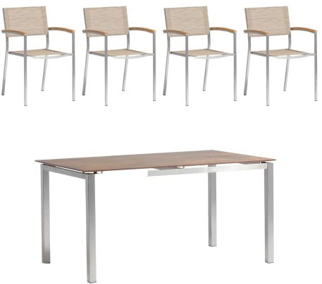 acamp Gartenmöbel Set Skye | 5tlg. | 4 Stapelsessel 56x57x89 cm | 1 Esstisch 150x90x75 cm | Edelstahl und Teakholz | HPL Wendetischplatte 12 mm in Cemento Grano/Cemento Rusty