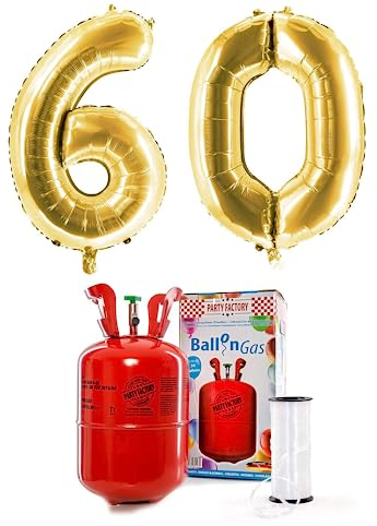 PARTY FACTORY Helium Set 60 mit XXL Zahlenballons, Ballongas und Ballonschnur - für Geburtstag, Jubiläum, Jahrestag; Gold, Silber, Schwarz, Pink, Rosa, Rosagold, Bunt (Gold)