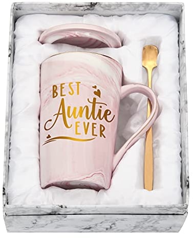 Livole Tante Geschenk von Nichte, Neffe, Geschenkideen, Sinnvolle Geschenk für Tante, Weihnachtsgeschenke, Beste Tante Geschenke - Best Auntie Ever - 14oz 400ml Keramik Kaffeetasse mit Deckel, Löffel