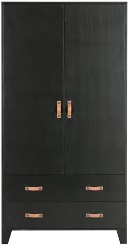 WOOOD Dian Garderobenschrank Schwarz - 2-türige Schrank aus Kiefer Holz mit Schubladen 180x94x40 cm