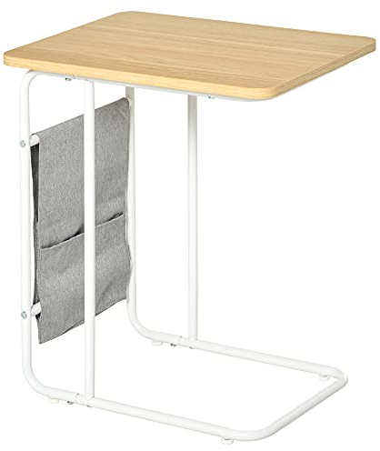 HOMCOM Mesa Auxiliar de Sofá en Forma de C con Bolsa de Almacenaje Extraíble Mesa Lateral para Salón Dormitorio Oficina 37x48x55,8 cm Roble y Blanco