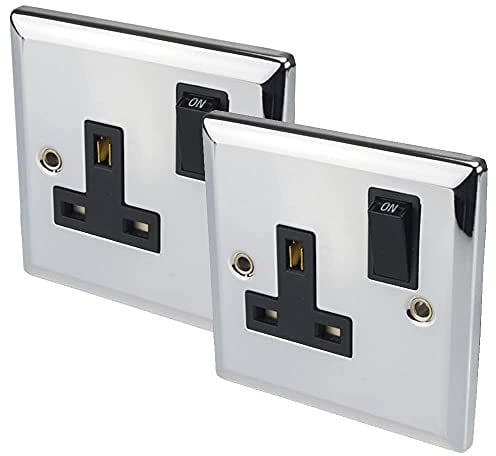 Volex 13A Switched Wall Socket 1 Gang Beaufiful Chrome Metal Front Plate Rounded Corners & Edges Pack of 2