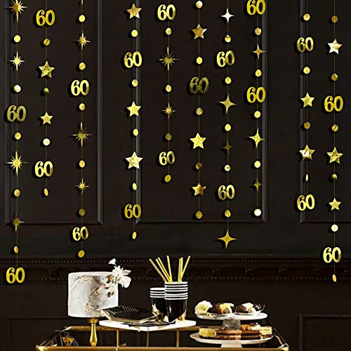 Gold 60. Geburtstag Dekorationen Nummer 60 Kreis Dot Twinkle Star Girlande Metallic Hanging Streamer Bunting Banner Backdrop für 60 Year Old Happy Birthday 60th Anniversary Sixty Party Supplies