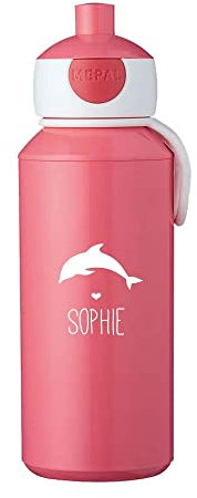 4you Design Personalisierte pinke Trinkflasche -Delfin-Silhouette- mit Namen für Kinder - mit PopUp Ventil, Geschenk für Schule und Sport