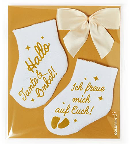 goldprintz Schwangerschaft verkünden Tante und Onkel - bedruckte Babysocken mit Postkarte zum Verschenken und Verschicken - ihr werdet Tante und Onkel Überraschung - Handarbeit aus Deutschland