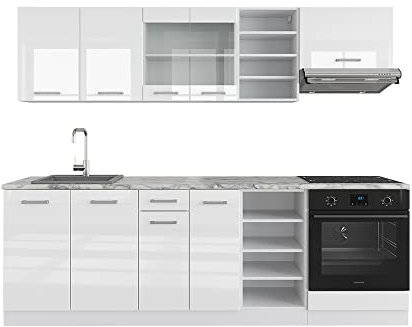 Vicco Küchenzeile R-Line, Weiß Hochglanz/Weiß, 240 cm ohne Arbeitsplatte
