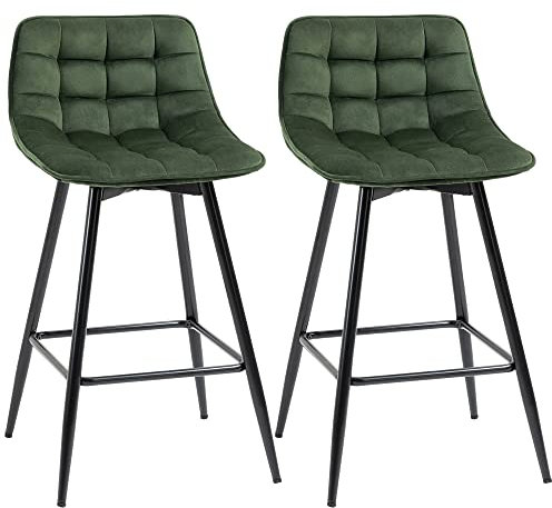 HOMCOM Set 2 Sgabelli da Bar con Schienale e Poggiapiedi, Sedie Imbottite Alte Stile Nordico in Metallo e Velluto, Verde, 45x47x84cm