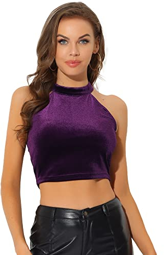 Allegra K Damen Party Oberteil Neckholder Ärmellos Samt Velours Basic Layering Crop Top Dunkel Lila S