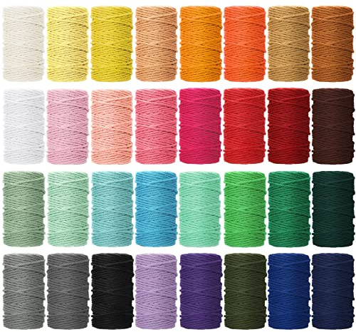 32 Rollen Makramee-Schnur, 4 Stränge, 3 mm x 1760 Meter, natürliche Baumwolle, Makramee-Seil, Bunte Makramee-Schnur, zum Stricken von Geschenkverpackungen, Wandbehang, Pflanzenaufhänger