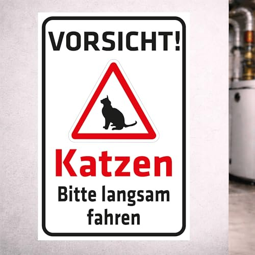 INDIGOS UG - Schild Vorsicht Katzen - Bitte langsam fahren - 400x300 mm - Hinweisschild Warnschild Sicherheitsschild - Aluverbundplatte 3 mm - für Innen und Außen