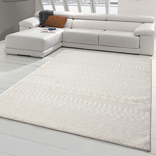 Teppich-Traum Recycel Kurzflorteppich Hoch Tief Effekt • kleine Zig-Zag Rauten Kreuzchen Creme, 160 x 230 cm