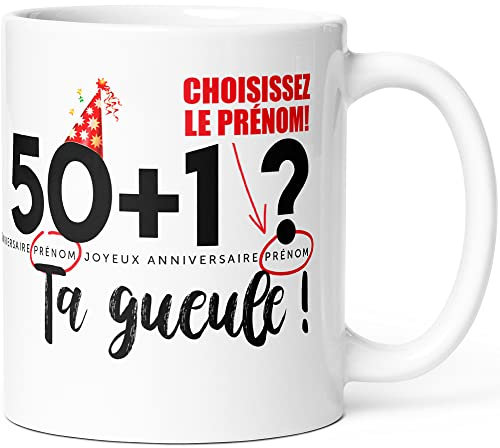 Mug Personnalisable Anniversaire 51 ans + Prénom Humour Tasse Message Drôle Personnalisé. Idée Cadeau Original Homme Femme Ami Collègue Copain Copine Anniversaire Cinquante et un ans Cinquantaine.