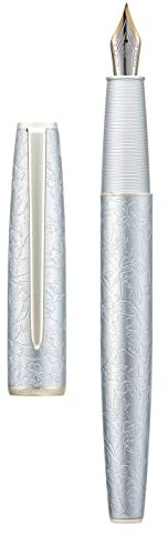 Hongdian A3 Silver Aluminum Fountain Pen, Iridium Extra Fine Nib Blossom Engraving Design, Consistent Writing Pen with Ink Converter and Metal Pen Box Set
