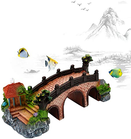 JVHLOV Aquarium Terrarium Deko, Fisch Tank Ornament, Aquarium Deko Höhle Brücke, für Kleine Garnele Fisch Verstecken Aquarium, Aquarium Harz Höhle Mountain View Moos Baum Haus