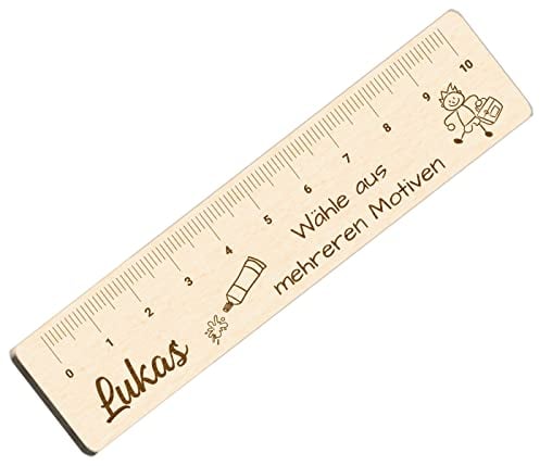 Alsino Geschenk zur Einschulung Kinder Holz Lineal personalisiert Mädchen Jungen mit Namen & Motiv 10 cm Geschenkidee Schule (Holz Birke Multiplex)
