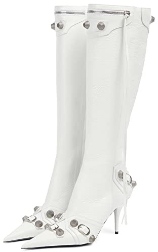 Dsevht Stivaletti da donna neri al ginocchio stivali sexy a punta stivali moda trendy tacco alto stivali cerniera, bianco, 37 EU