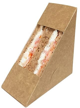 50 Recyclable Kraft Paper Sandwich Wedges with Clear Window - Deep Fill Triangles - Disposable Sandwich Box Ideal for Food Packaging/Lunch Box/Bakery
