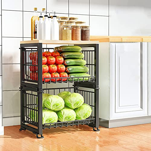 Cesta de frutas y vegetales de metal Cesta de frutas independiente de 2 niveles Cesta de Frutas metálica para mostrador y Organizador Cocina con tapa de madera para verduras y pan de aperitivos