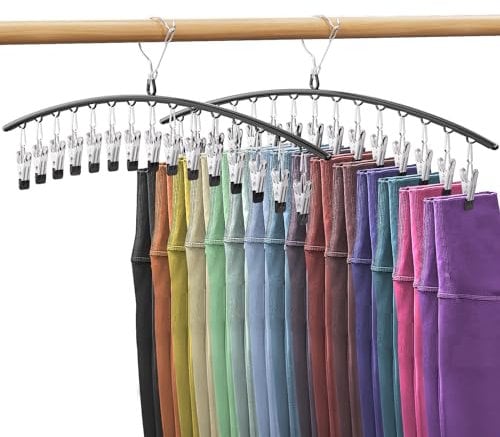Minicoco 2 Pack Trouser Hangers with Clips, Legging Organizer for Closet Non slip Metal Holds 30 Leggings Holders Pants Hangers with Windproof Clasp, Black Rubber Coated Clothes Pants Hangers