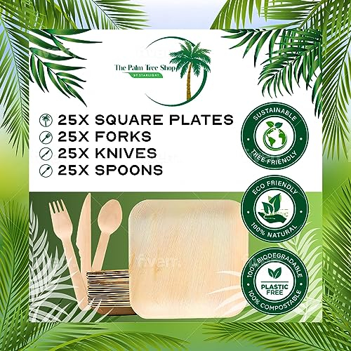 200 Pieces of 100% Natural Disposable Palm Leaf Plates Square - Eco-Friendly and Compostable Dinnerware - Pack of 25 Including Cutlery Sets