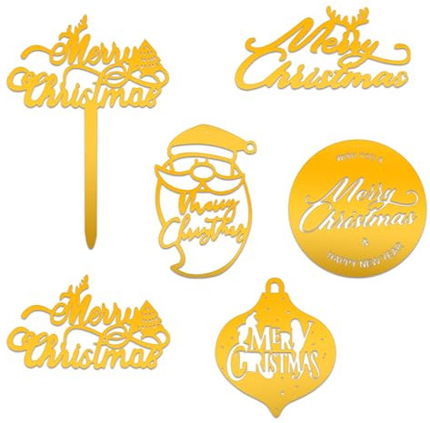 ALLY-MAGIC Christmas Cake Decorations, 6Pcs Acrylic Merry Christmas Cake Toppers Santa Elk Christmas Tree Cupcake Toppers for Christmas Party Decorations Cake Supplies Y6-YKLSDZS