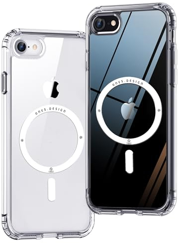 ONES Funda Magnética Híbrida Rígida Compatible Con iPhone SE3 SE2 SE 8 7 MagSafe, Airbag Protección Grado Militar, Resistente a Arañazos, Carga Inalámbrica, Carcasa Silicona Antiamarillo, Transparente