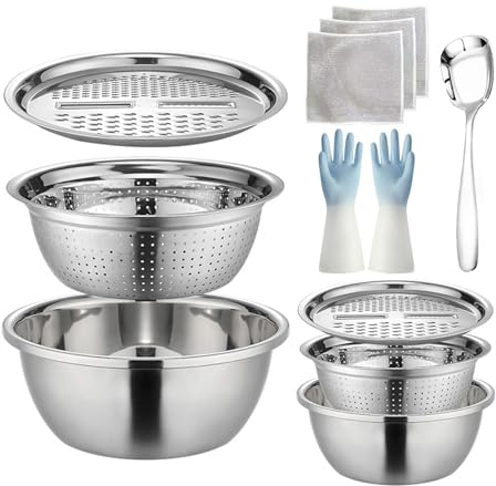 Germania Bacino Multifunzionale In Acciaio Inox, 9 In 1 Bacino Multifunzione In Acciaio Inox Tagliaverdure Con Cestello Di Scarico Colino Set Centrifuga Insalata Frutta ( Color : Silver , Size : 26cm