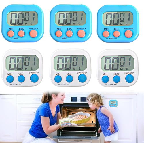 6 Stück Magnetisch Stoppuhr Timer: Nizirioo 2 Farben Digitaler Küchentimer mit Uhr mit Großem LCD-Display Stumm für Küchen, Büros, Sport (Batterien Nicht Enthalten)